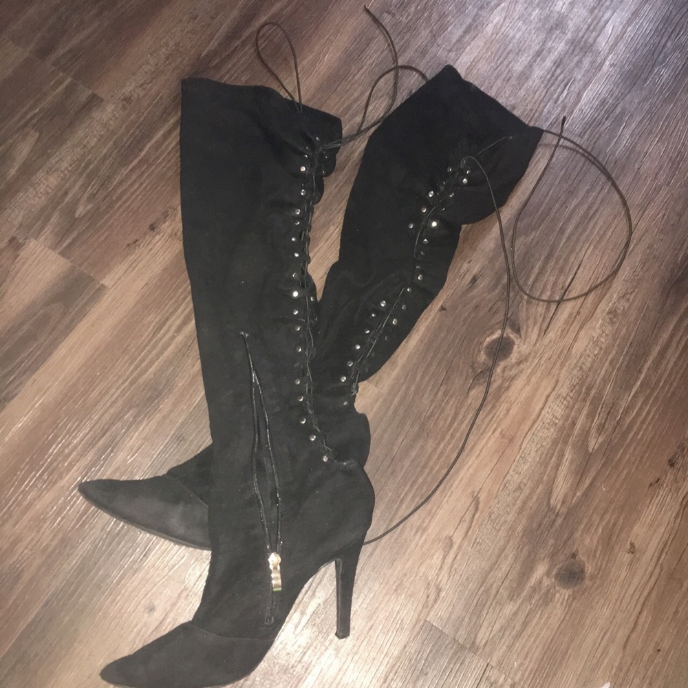 CESSI Above-Knee LaceUp Black Suede Stiletto Boots